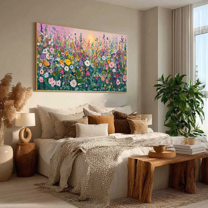 SUNLIT WILDFLOWER: Impasto Colorful Floral Field Painting | black frame version on white wall