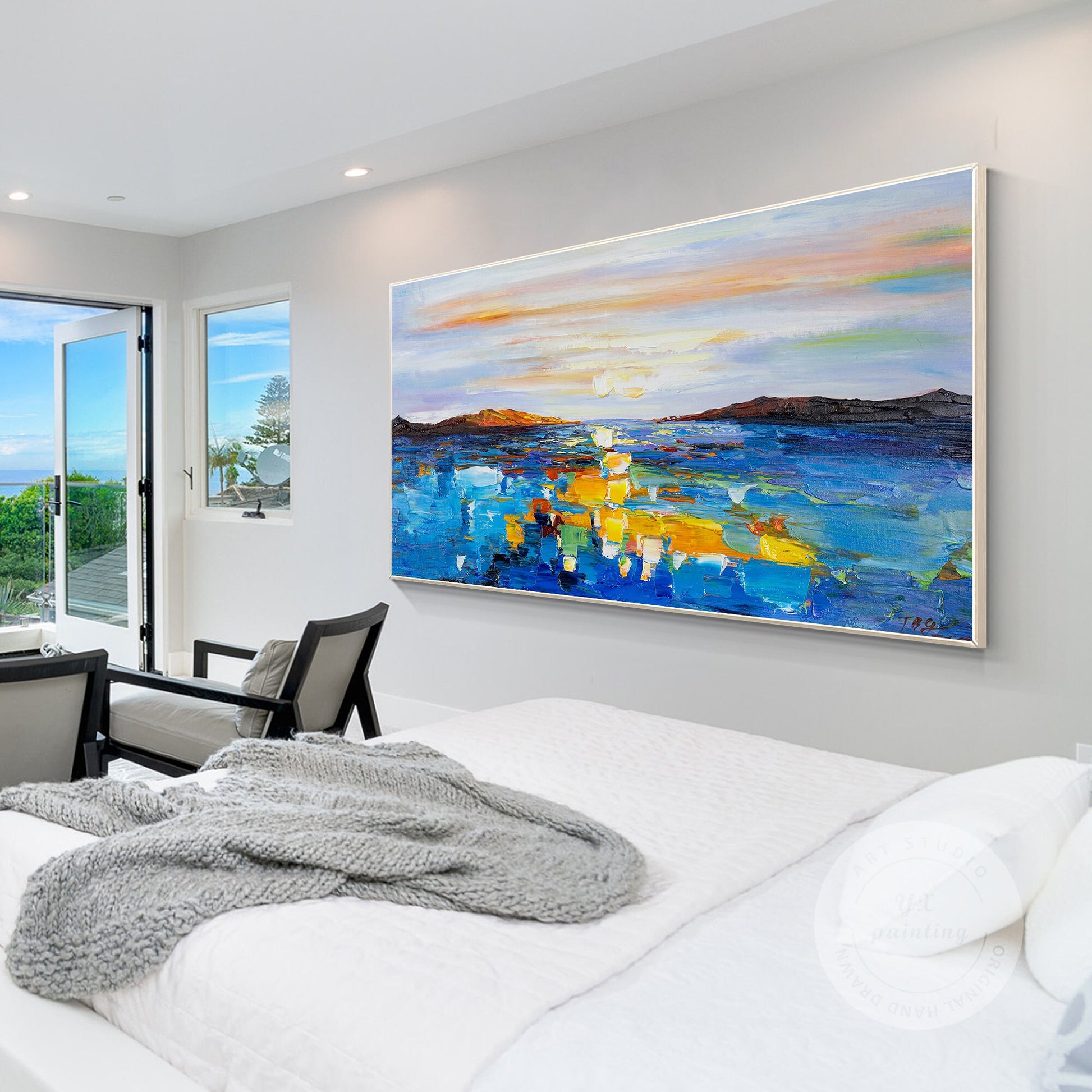 Sunrise Ocean Painting: Heavy Texture Seascape Canvas Art #3