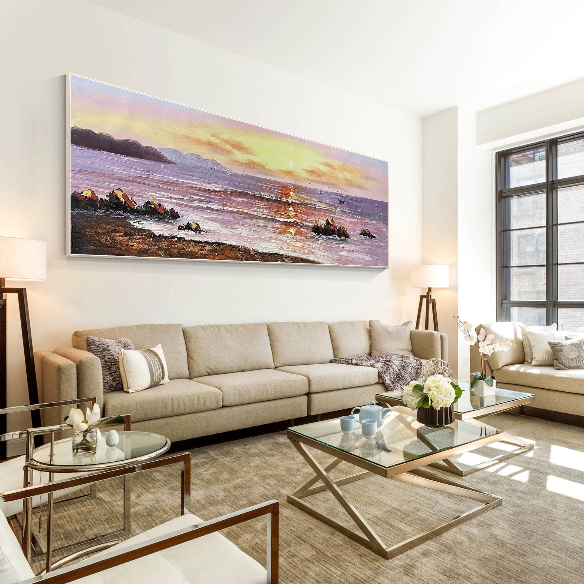 Sunrise Seascape Painting: Extra Large Abstract Ocean Canvas Wall Art #2
