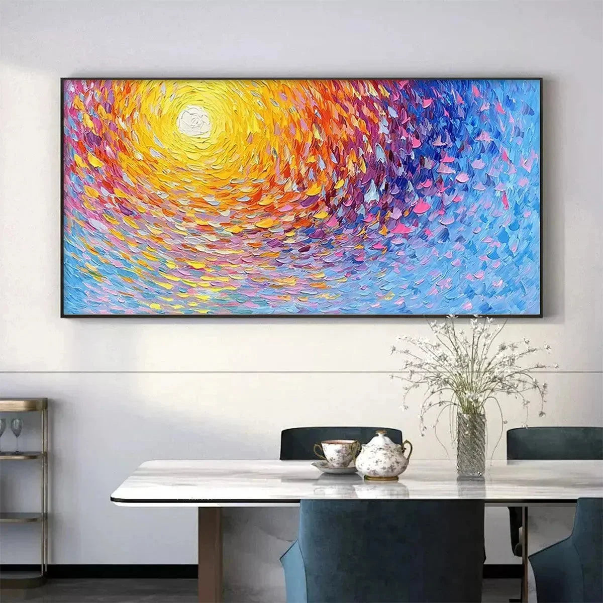 SUNRISE SERENADE: Textured Abstract Sunrise Painting in Yellow and Blue | Abstract closeup, raised brushwork detail