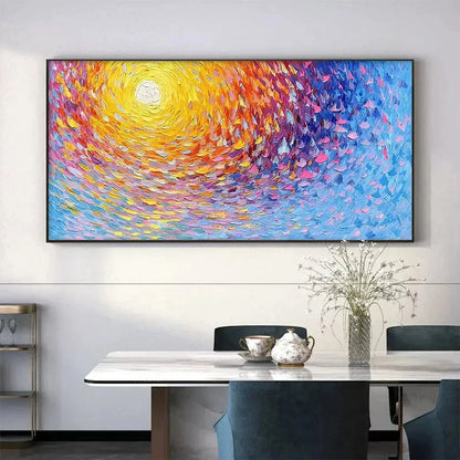 SUNRISE SERENADE: Textured Abstract Sunrise Painting in Yellow and Blue | Abstract closeup, raised brushwork detail