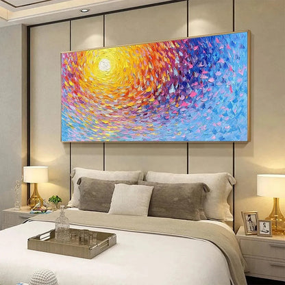 SUNRISE SERENADE: Textured Abstract Sunrise Painting in Yellow and Blue | gold frame stretched on neutral wall