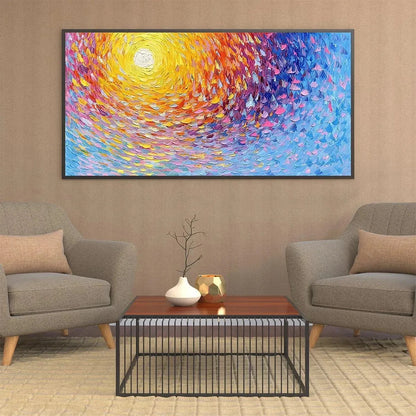 SUNRISE SERENADE: Textured Abstract Sunrise Painting in Yellow and Blue | black frame version on white wall