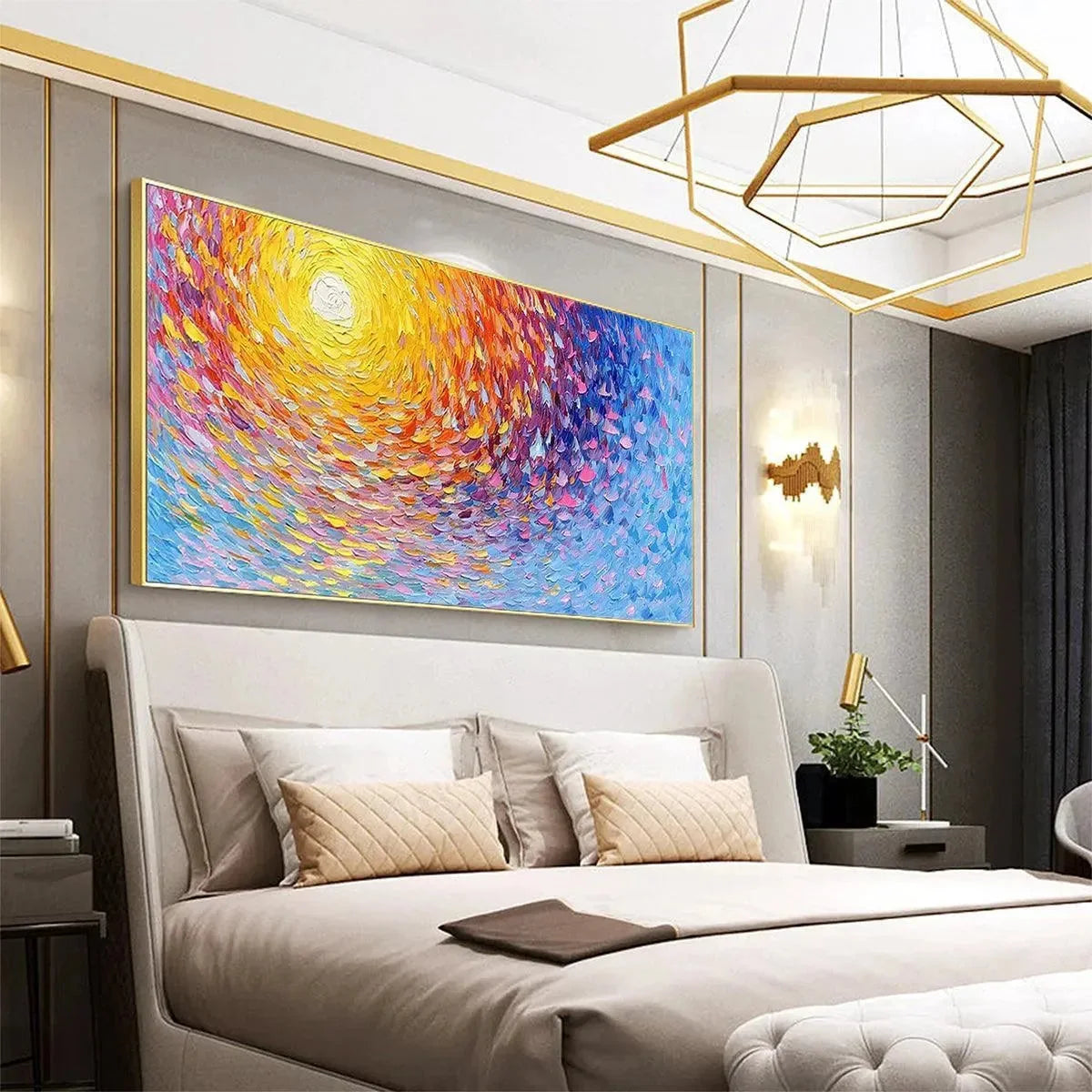 SUNRISE SERENADE: Textured Abstract Sunrise Painting in Yellow and Blue | Abstract mood, soft natural light studio shot
