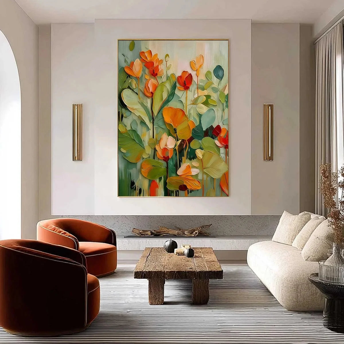 SUNSET BLOOMS: Vibrant Textured Impasto Floral Oil Painting | gold frame stretched on neutral wall