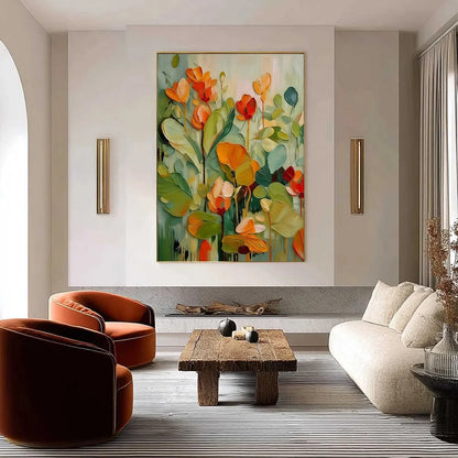 SUNSET BLOOMS: Vibrant Textured Impasto Floral Oil Painting | gold frame stretched on neutral wall
