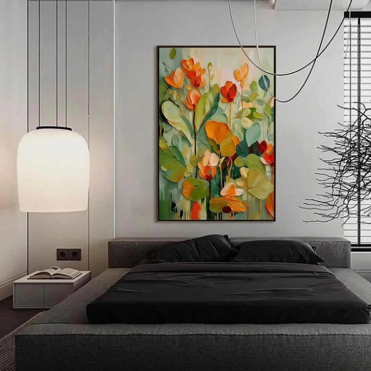 SUNSET BLOOMS: Vibrant Textured Impasto Floral Oil Painting | black frame version on white wall