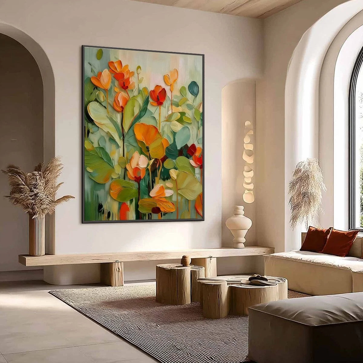 SUNSET BLOOMS: Vibrant Textured Impasto Floral Oil Painting | Abstract mood, soft natural light studio shot