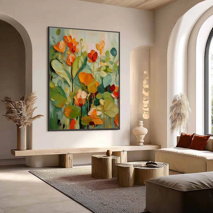 SUNSET BLOOMS: Vibrant Textured Impasto Floral Oil Painting | Abstract mood, soft natural light studio shot