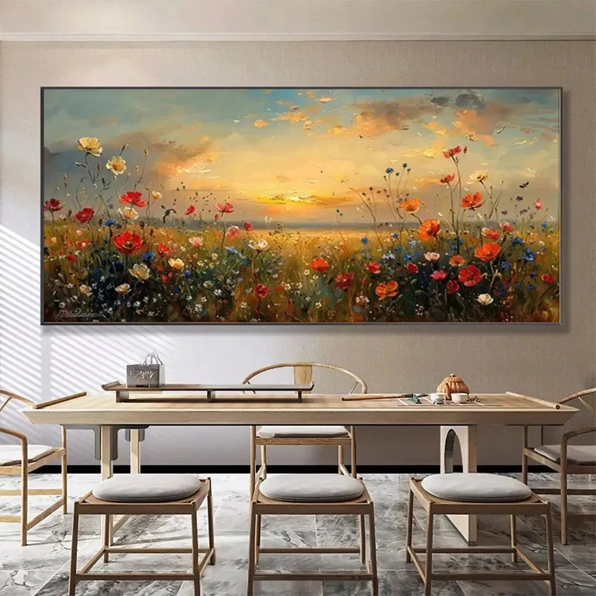 SUNSET FIELD: Colorful Wildflower Field Landscape Painting | Landscape closeup, raised brushwork detail