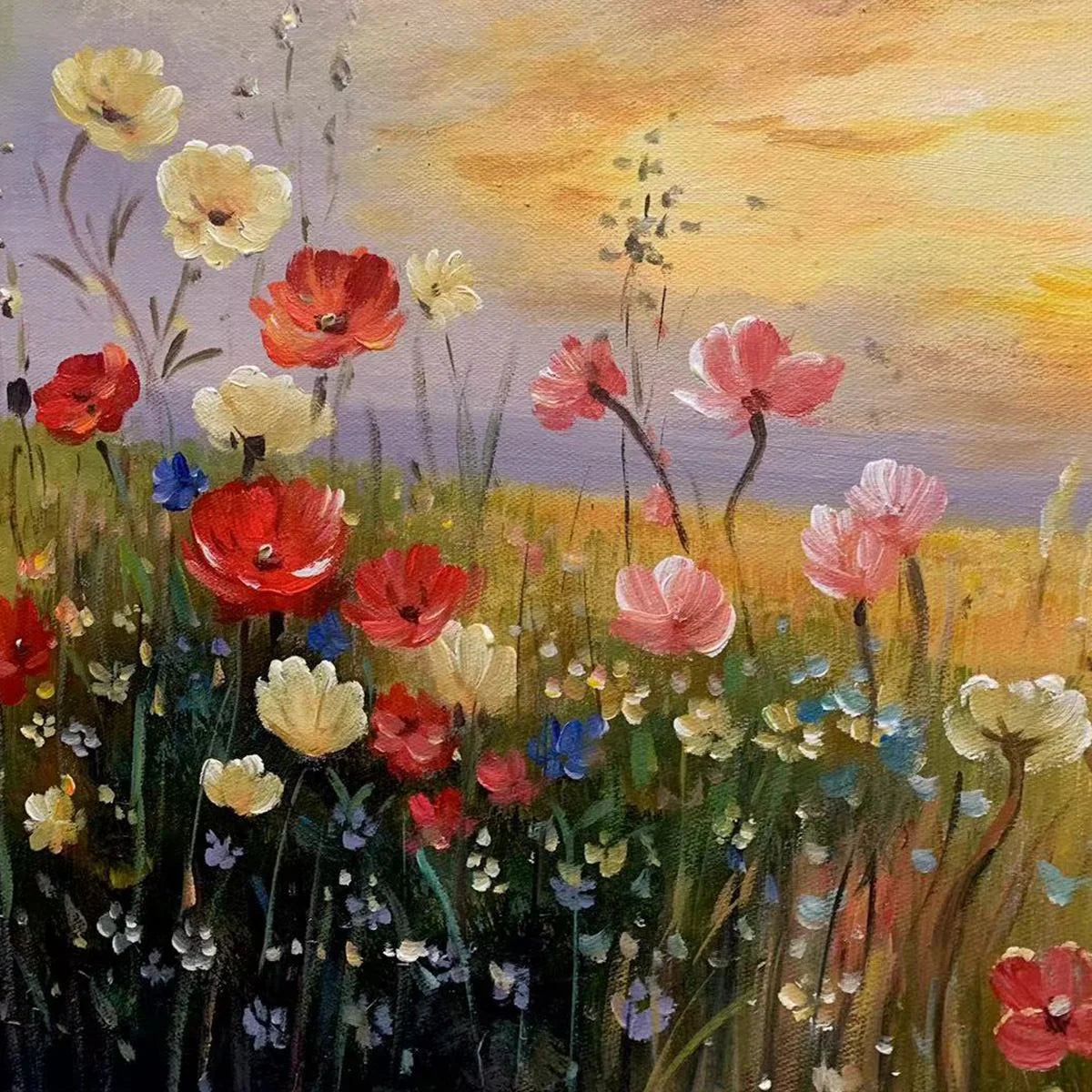 SUNSET FIELD: Colorful Wildflower Field Landscape Painting | rectangular format, hand-painted canvas edge