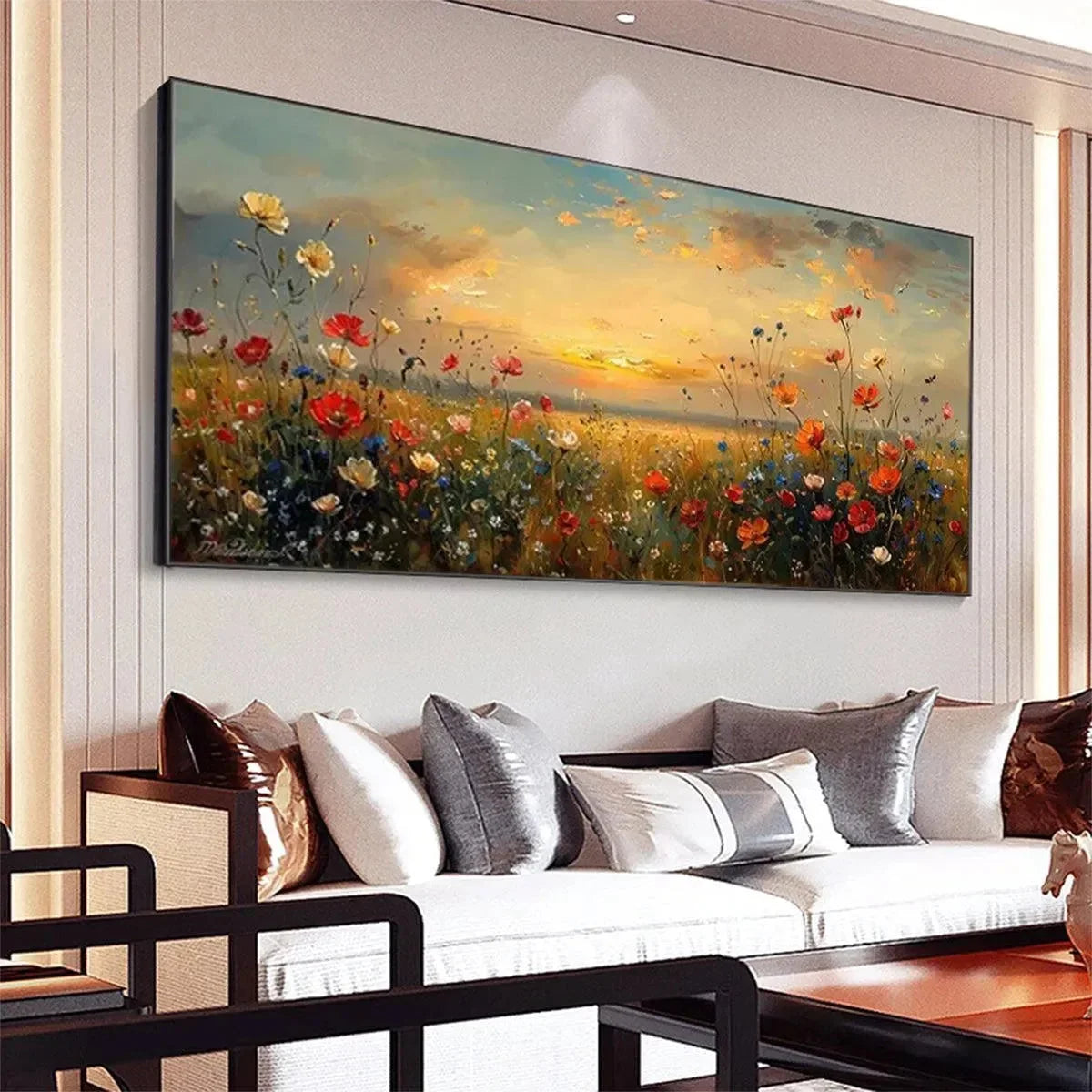 SUNSET FIELD: Colorful Wildflower Field Landscape Painting | gold frame stretched on neutral wall