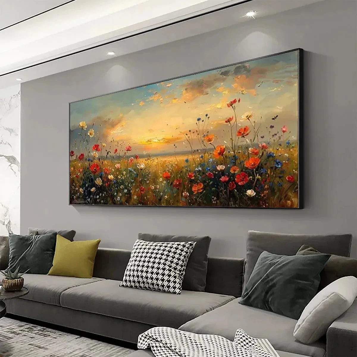 SUNSET FIELD: Colorful Wildflower Field Landscape Painting | rolled canvas, ready for custom framing