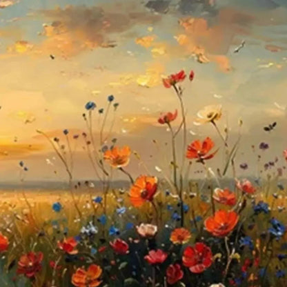 SUNSET FIELD: Colorful Wildflower Field Landscape Painting | black frame version on white wall