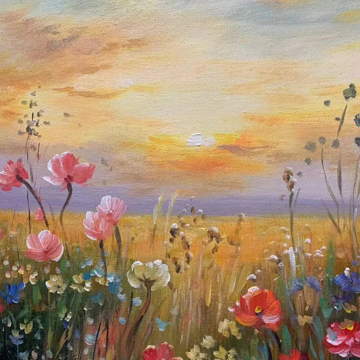 SUNSET FIELD: Colorful Wildflower Field Landscape Painting | Landscape mood, soft natural light studio shot
