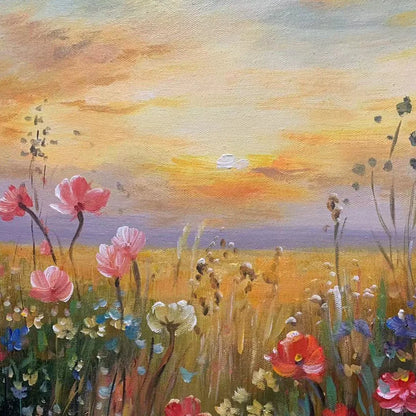 SUNSET FIELD: Colorful Wildflower Field Landscape Painting | Landscape mood, soft natural light studio shot