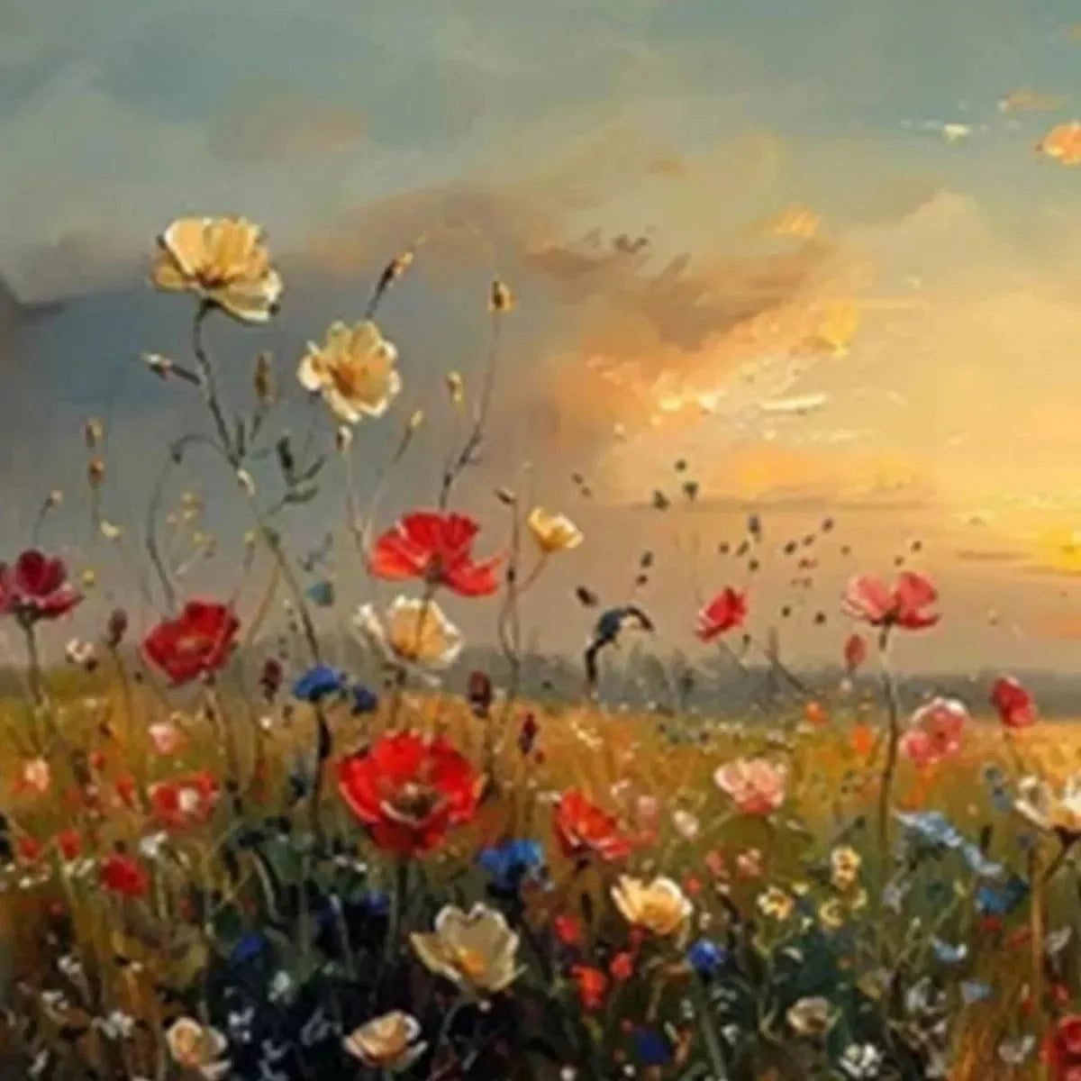 SUNSET FIELD: Colorful Wildflower Field Landscape Painting | multi-color palette, original oil on stretched canvas art