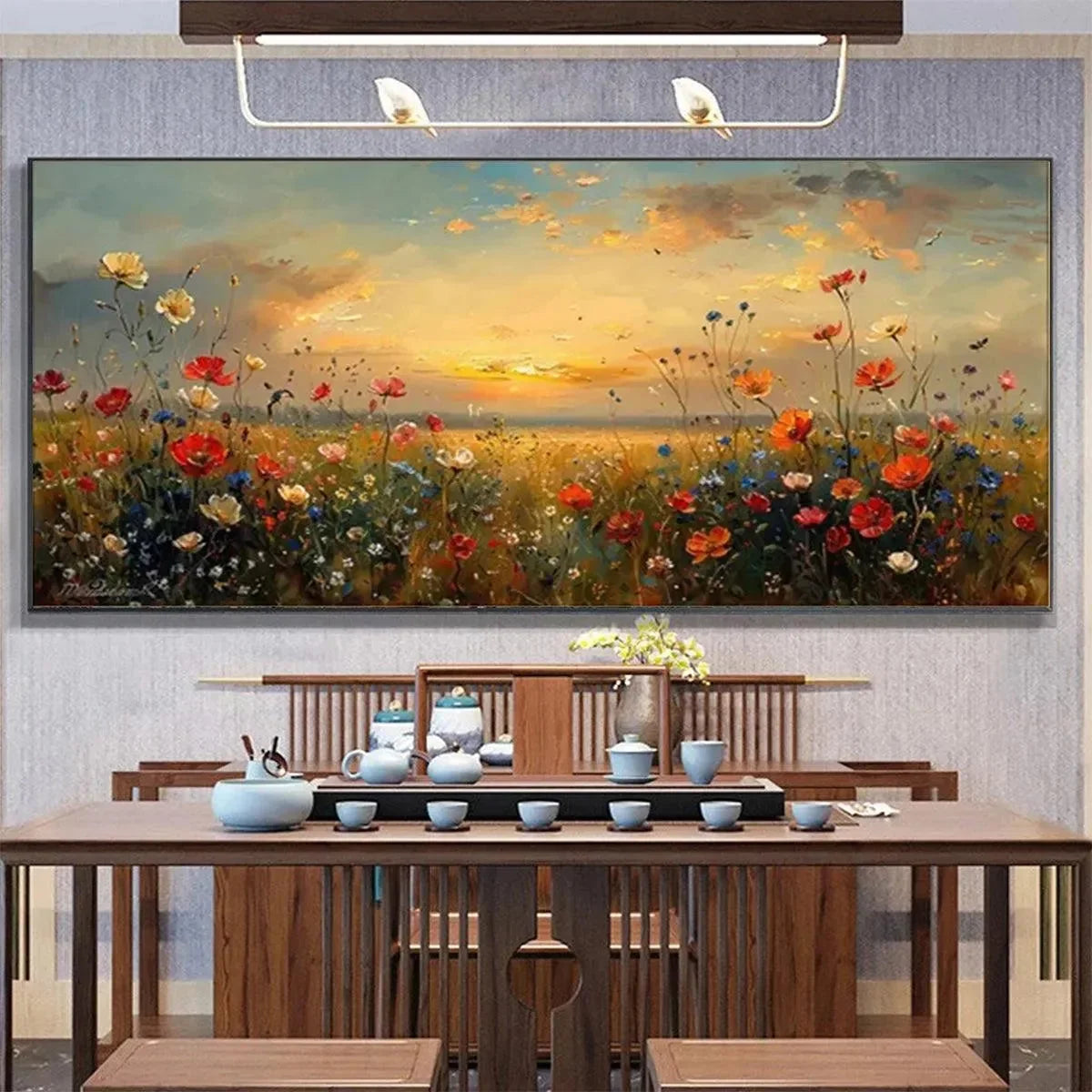 SUNSET FIELD: Colorful Wildflower Field Landscape Painting | texture detail, palette knife marks visible