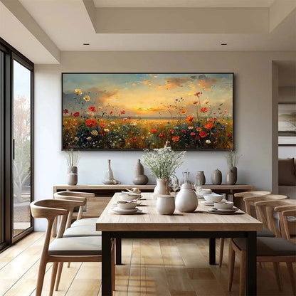 SUNSET FIELD: Colorful Wildflower Field Landscape Painting | texture detail, palette knife marks visible