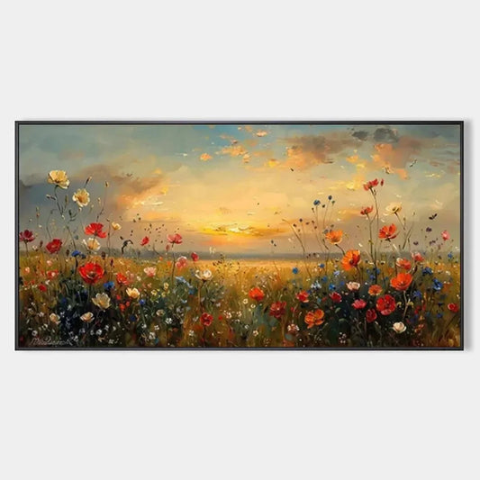 SUNSET FIELD: Colorful Wildflower Field Landscape Painting | hanging in living room, Landscape wall art