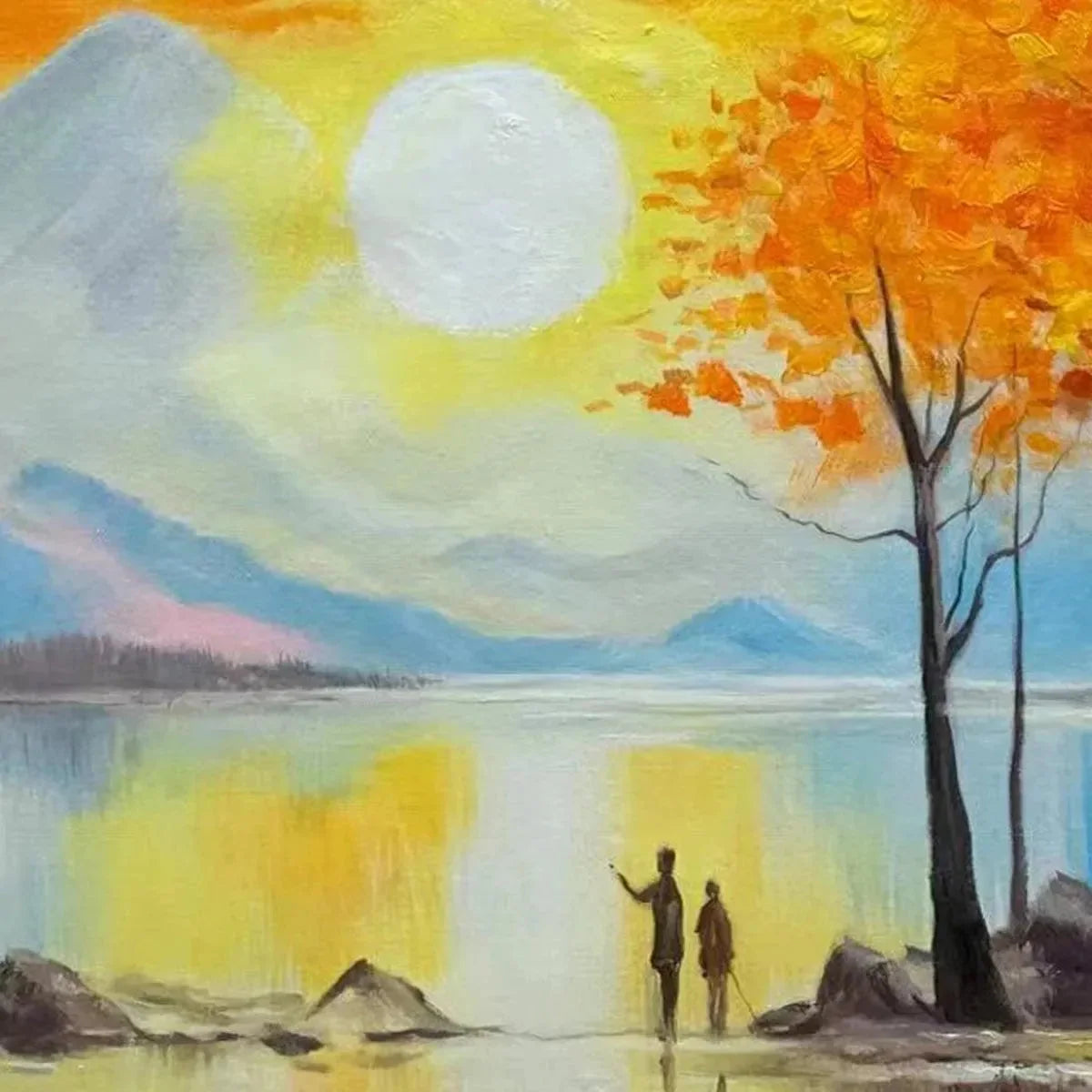 Sunset Landscape Oil Painting - Vibrant Orange Art | rectangular format, hand-painted canvas edge