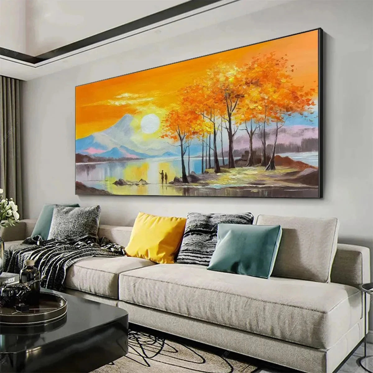 Sunset Landscape Oil Painting - Vibrant Orange Art | gold frame stretched on neutral wall