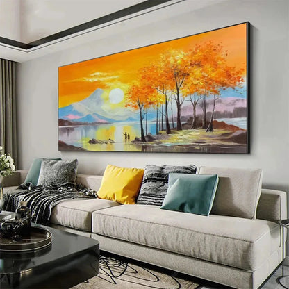 Sunset Landscape Oil Painting - Vibrant Orange Art | gold frame stretched on neutral wall