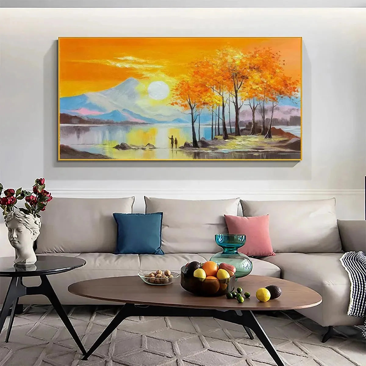 Sunset Landscape Oil Painting - Vibrant Orange Art | Landscape mood, soft natural light studio shot