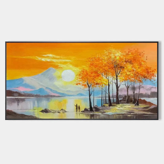 Sunset Landscape Oil Painting - Vibrant Orange Art | hanging in living room, Landscape wall art