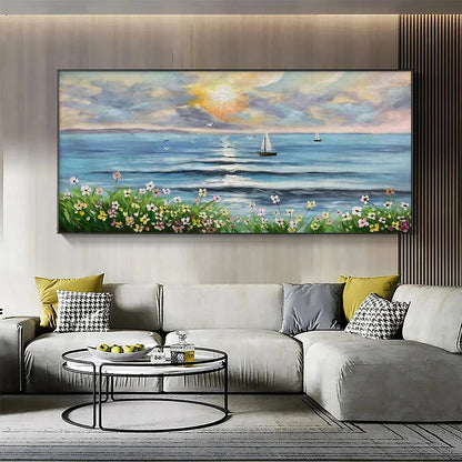 SUNSET SAIL: Coastal Sunset Painting, Sailboat and Wildflowers, Horizontal Canvas, Ocean Decor | Abstract closeup, raised brushwork detail