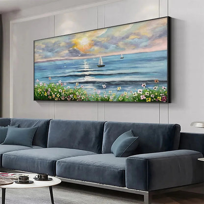 SUNSET SAIL: Coastal Sunset Painting, Sailboat and Wildflowers, Horizontal Canvas, Ocean Decor | gold frame stretched on neutral wall