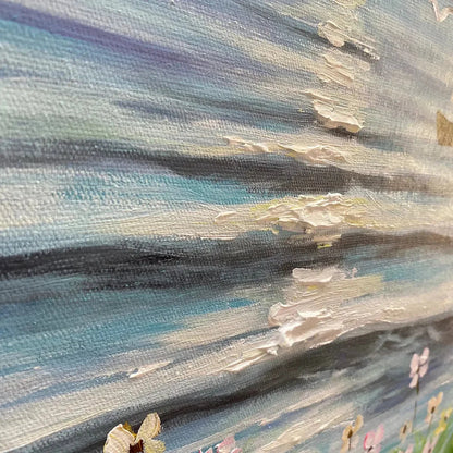 SUNSET SAIL: Coastal Sunset Painting, Sailboat and Wildflowers, Horizontal Canvas, Ocean Decor | rolled canvas, ready for custom framing