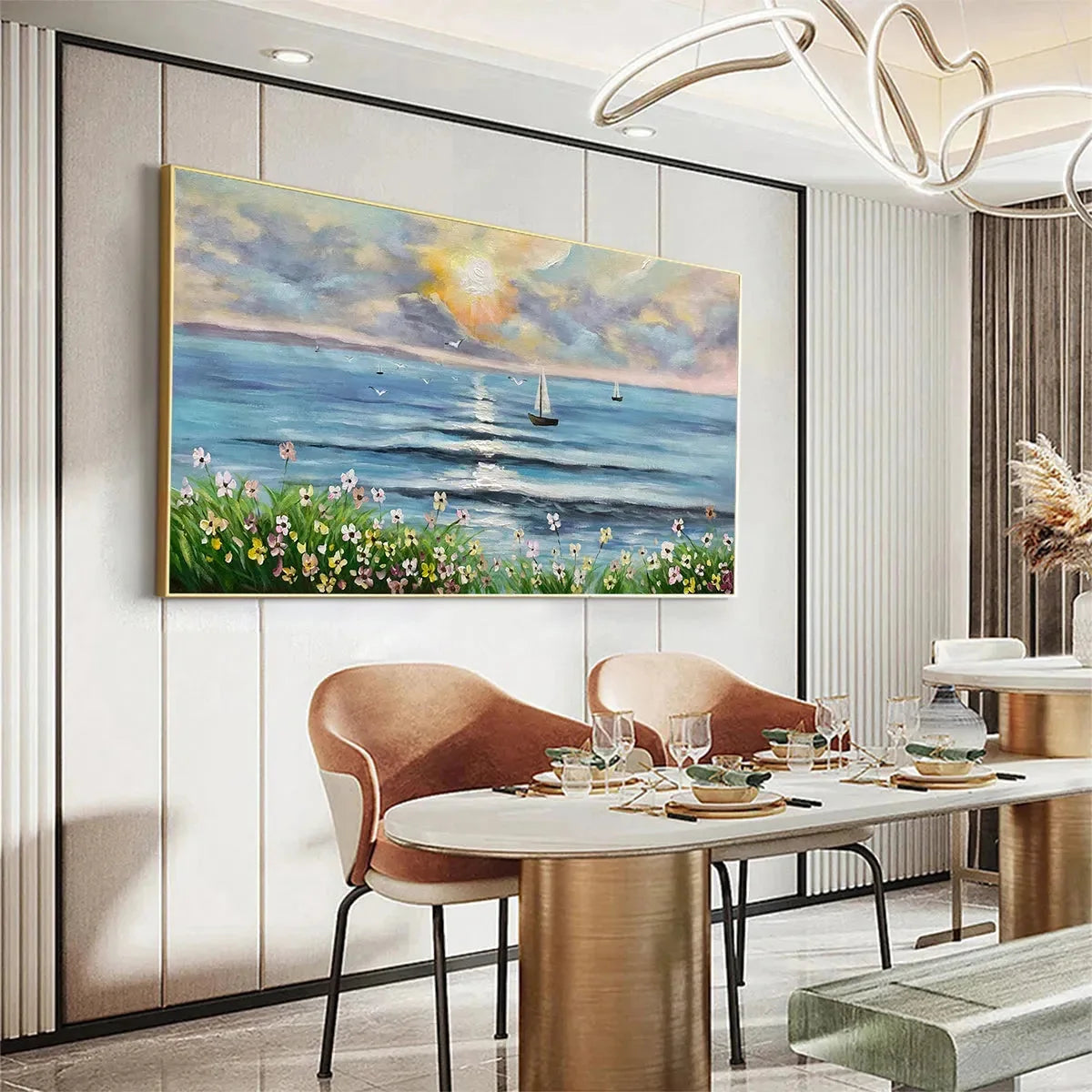 SUNSET SAIL: Coastal Sunset Painting, Sailboat and Wildflowers, Horizontal Canvas, Ocean Decor | black frame version on white wall