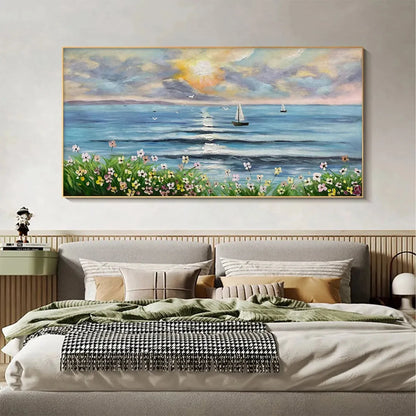 SUNSET SAIL: Coastal Sunset Painting, Sailboat and Wildflowers, Horizontal Canvas, Ocean Decor | Abstract mood, soft natural light studio shot
