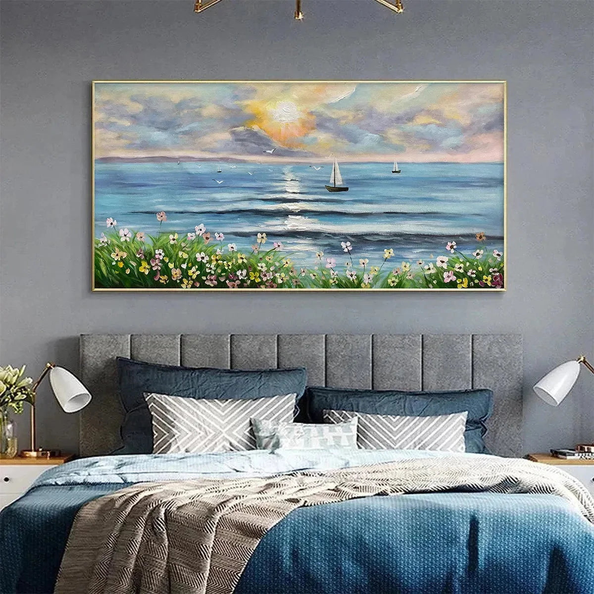 SUNSET SAIL: Coastal Sunset Painting, Sailboat and Wildflowers, Horizontal Canvas, Ocean Decor | multi-color palette, original oil on stretched canvas art