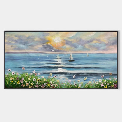 SUNSET SAIL: Coastal Sunset Painting, Sailboat and Wildflowers, Horizontal Canvas, Ocean Decor | hanging in living room, Abstract wall art