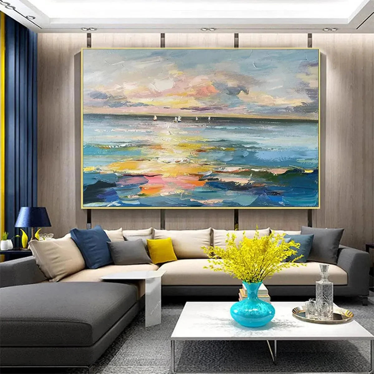 SUNSET SAIL: Seascape Painting, Impasto Texture, Ocean View, Panoramic Wall Art, Horizontal | Abstract closeup, raised brushwork detail