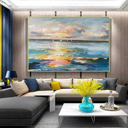 SUNSET SAIL: Seascape Painting, Impasto Texture, Ocean View, Panoramic Wall Art, Horizontal | Abstract closeup, raised brushwork detail