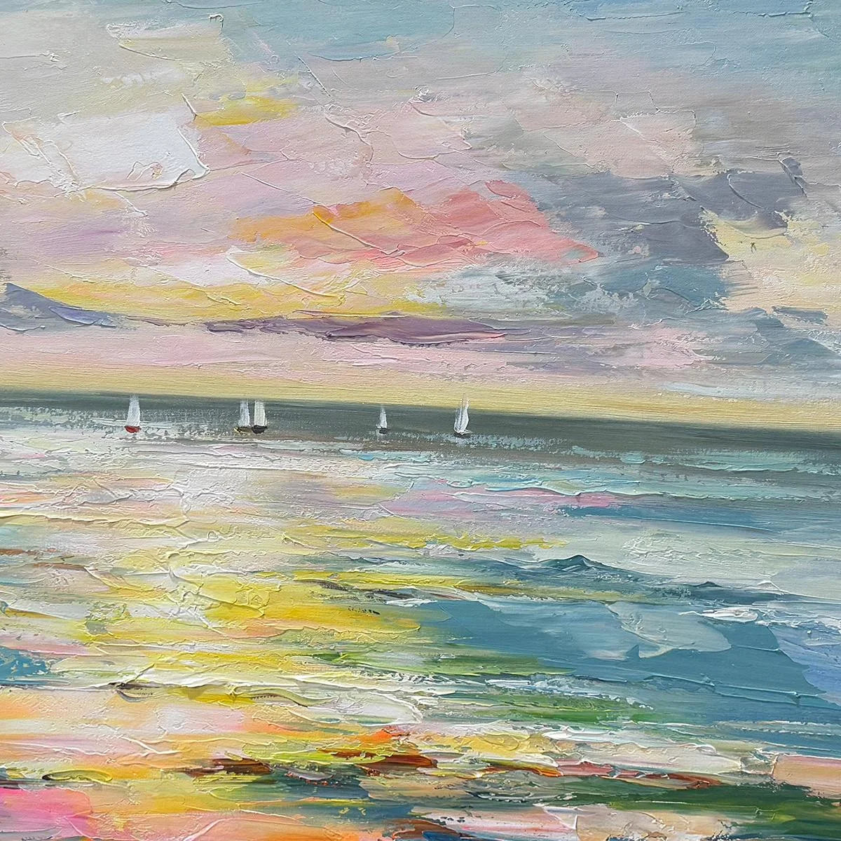 SUNSET SAIL: Seascape Painting, Impasto Texture, Ocean View, Panoramic Wall Art, Horizontal | rectangular format, hand-painted canvas edge