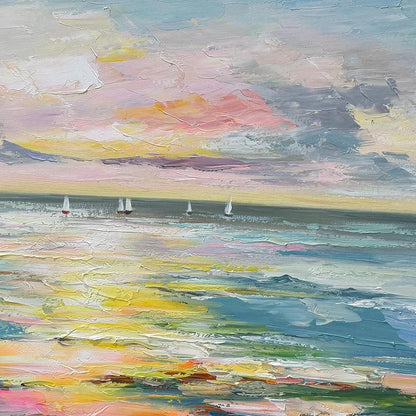 SUNSET SAIL: Seascape Painting, Impasto Texture, Ocean View, Panoramic Wall Art, Horizontal | rectangular format, hand-painted canvas edge