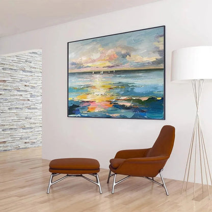 SUNSET SAIL: Seascape Painting, Impasto Texture, Ocean View, Panoramic Wall Art, Horizontal | gold frame stretched on neutral wall