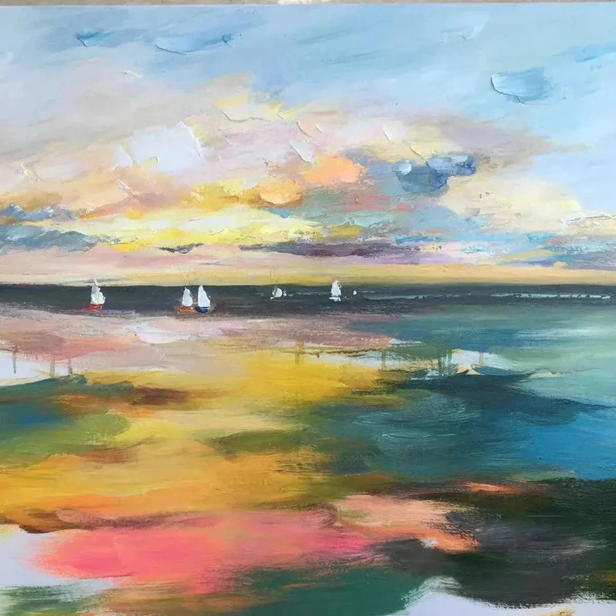 SUNSET SAIL: Seascape Painting, Impasto Texture, Ocean View, Panoramic Wall Art, Horizontal | black frame version on white wall