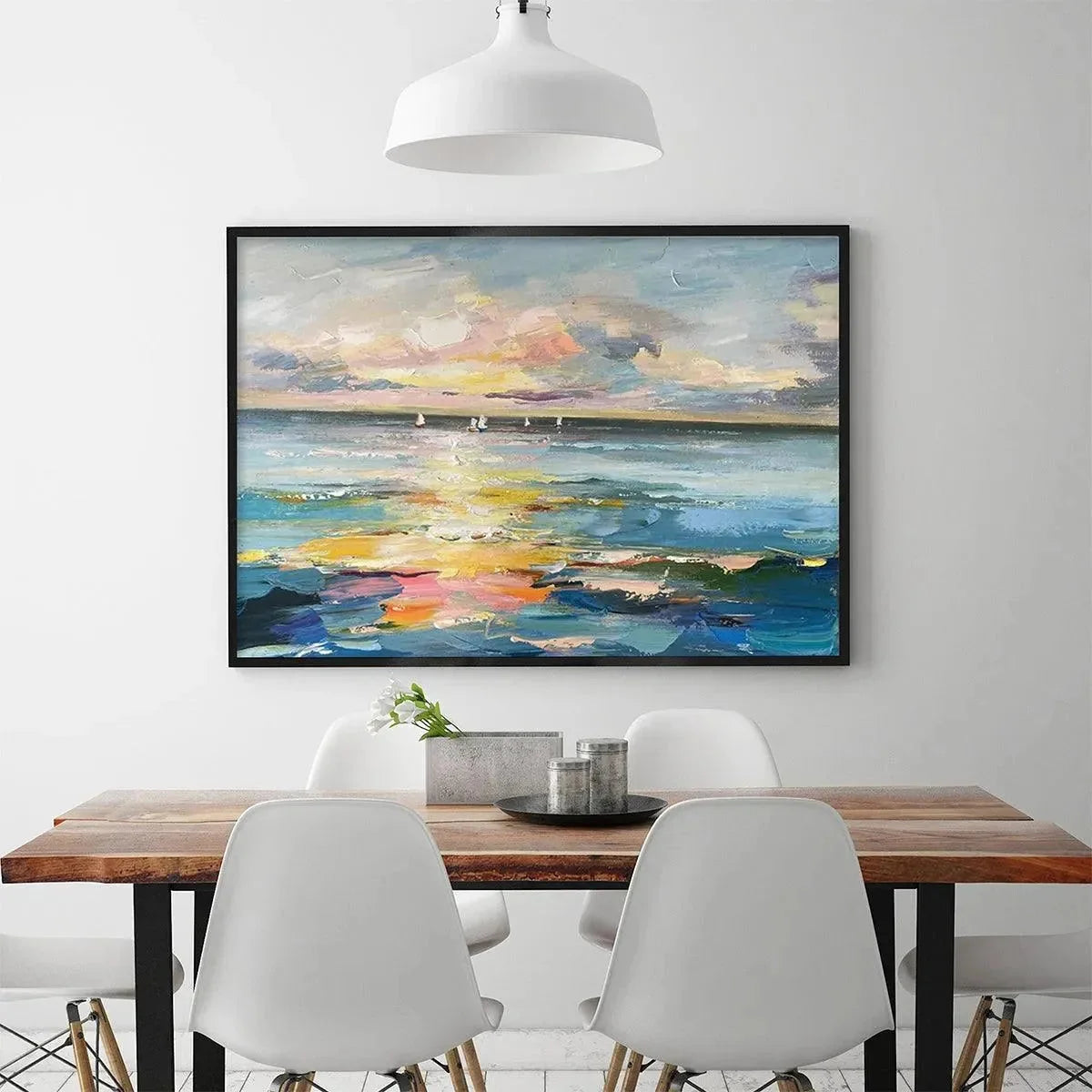 SUNSET SAIL: Seascape Painting, Impasto Texture, Ocean View, Panoramic Wall Art, Horizontal | multi-color palette, original oil on stretched canvas art