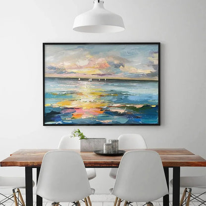 SUNSET SAIL: Seascape Painting, Impasto Texture, Ocean View, Panoramic Wall Art, Horizontal | multi-color palette, original oil on stretched canvas art