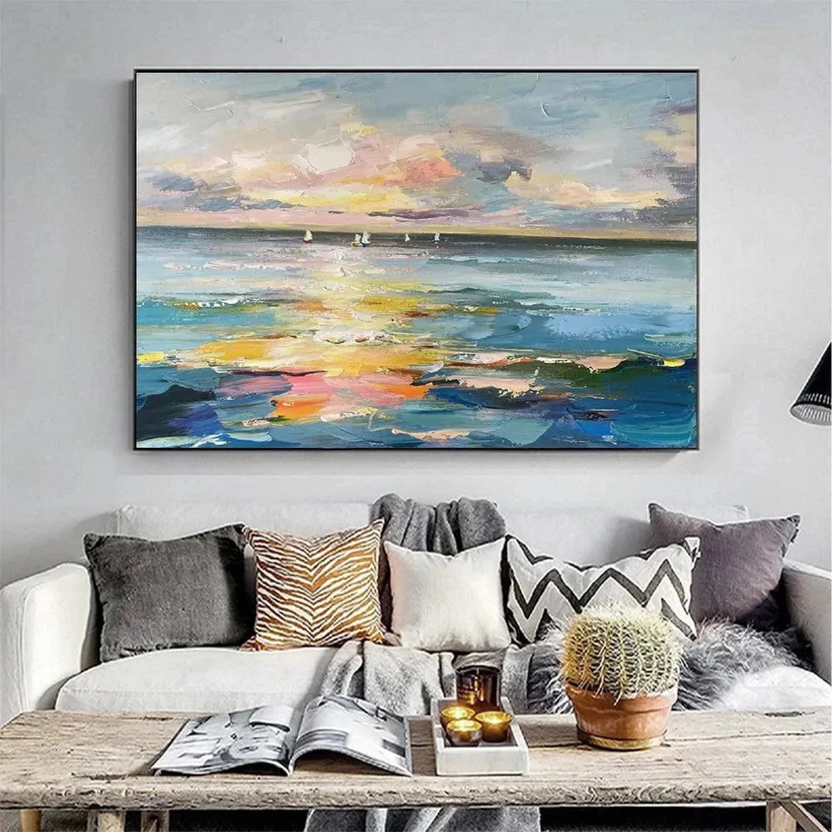 SUNSET SAIL: Seascape Painting, Impasto Texture, Ocean View, Panoramic Wall Art, Horizontal | texture detail, palette knife marks visible