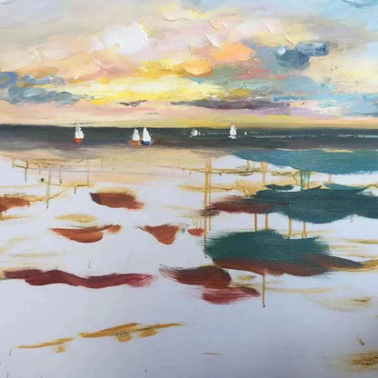 SUNSET SAIL: Seascape Painting, Impasto Texture, Ocean View, Panoramic Wall Art, Horizontal | texture detail, palette knife marks visible