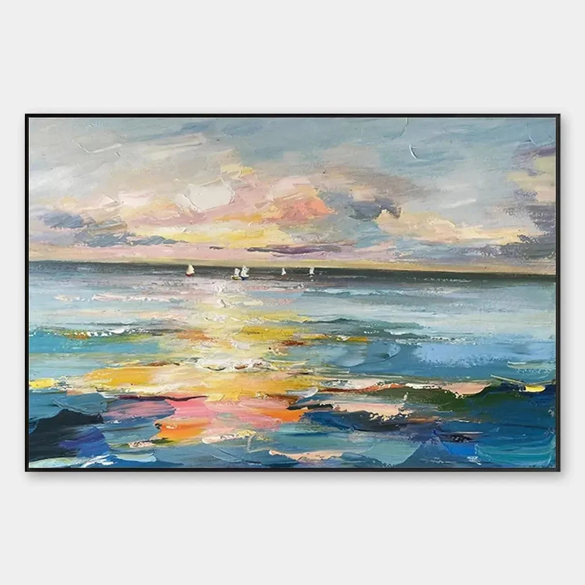 SUNSET SAIL: Seascape Painting, Impasto Texture, Ocean View, Panoramic Wall Art, Horizontal | hanging in living room, Abstract wall art
