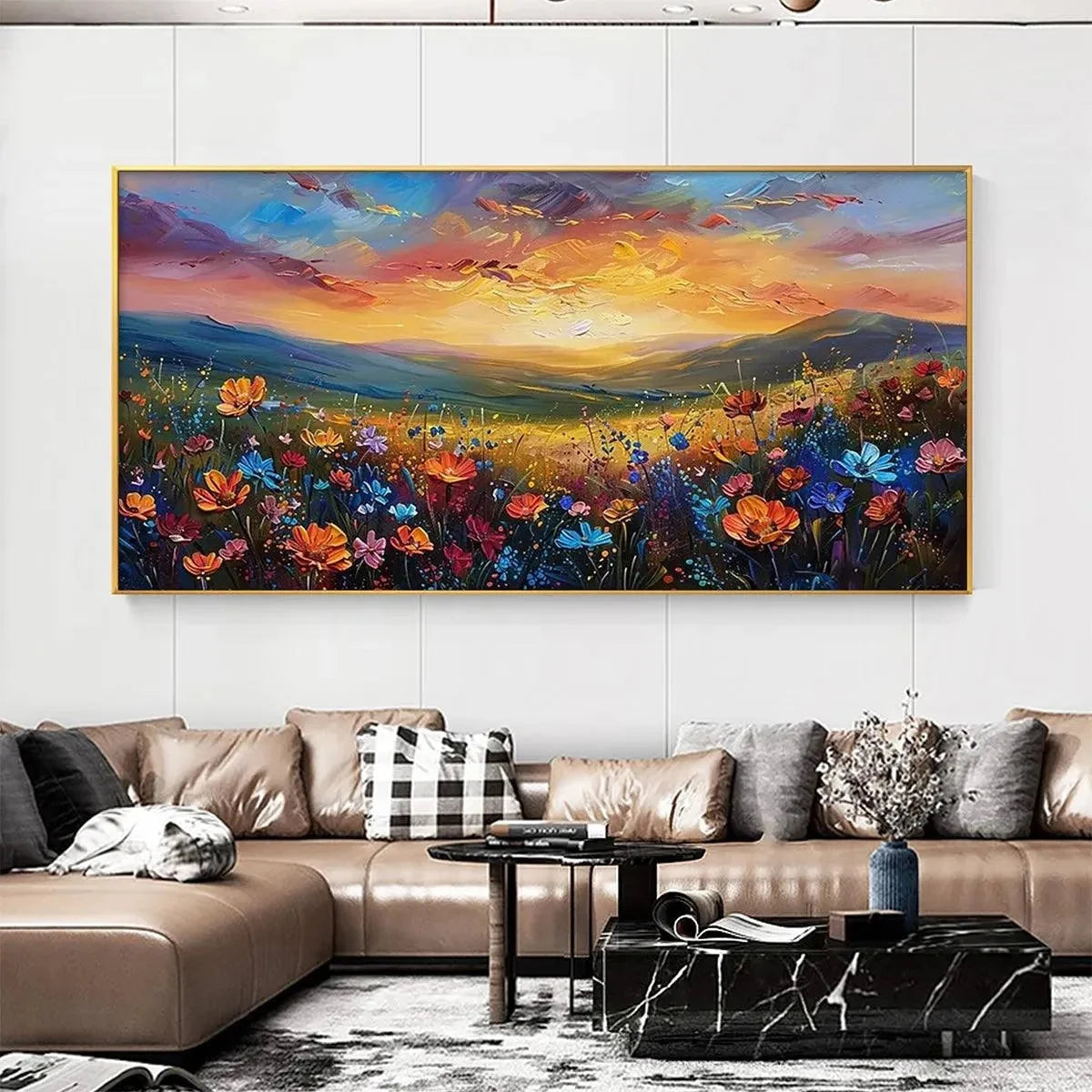 SUNSET SERENADE: Textured Floral Landscape Painting, Impasto Wall Art, Horizontal Canvas, Sunset Decor | Landscape closeup, raised brushwork detail