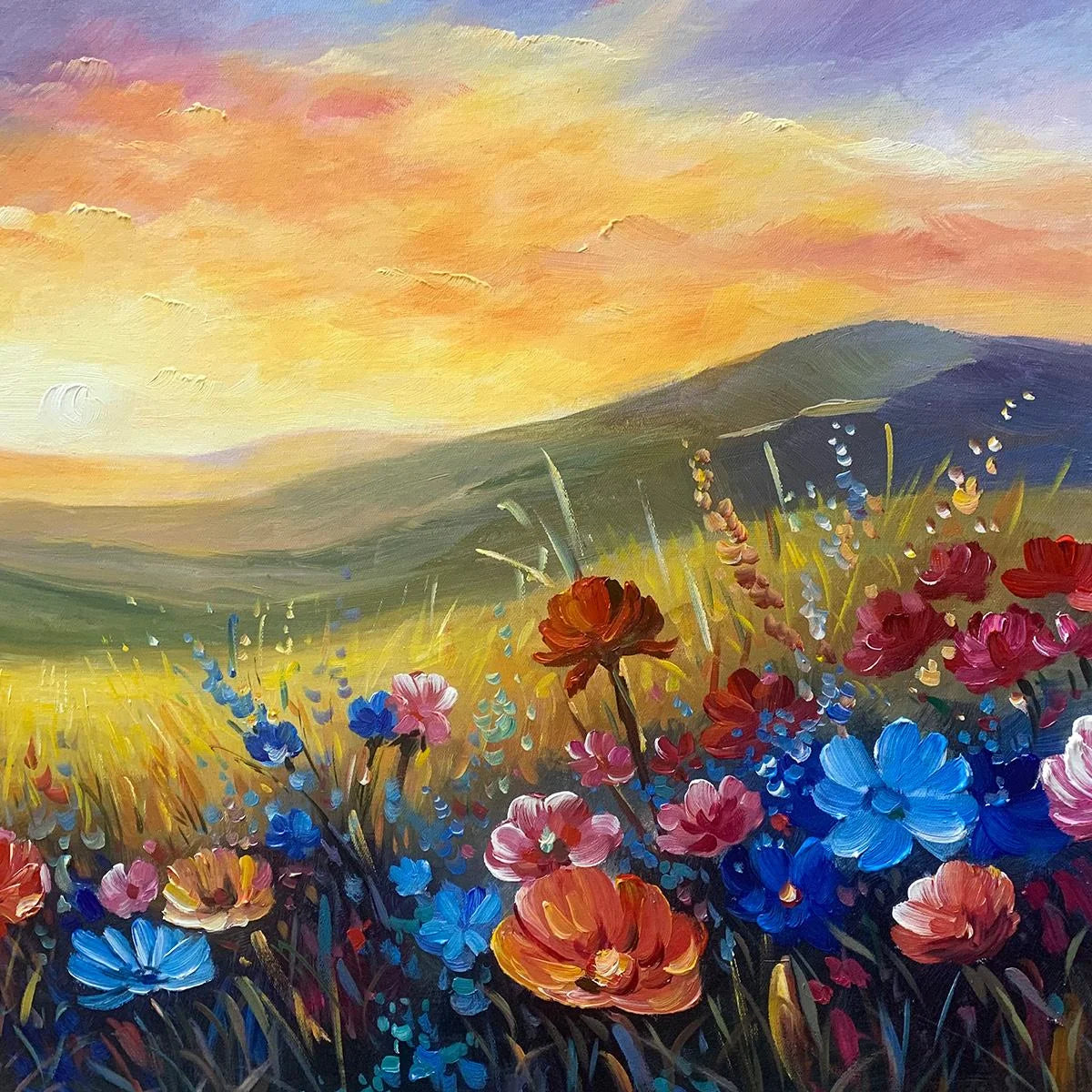 SUNSET SERENADE: Textured Floral Landscape Painting, Impasto Wall Art, Horizontal Canvas, Sunset Decor | rectangular format, hand-painted canvas edge