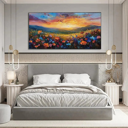 SUNSET SERENADE: Textured Floral Landscape Painting, Impasto Wall Art, Horizontal Canvas, Sunset Decor | gold frame stretched on neutral wall